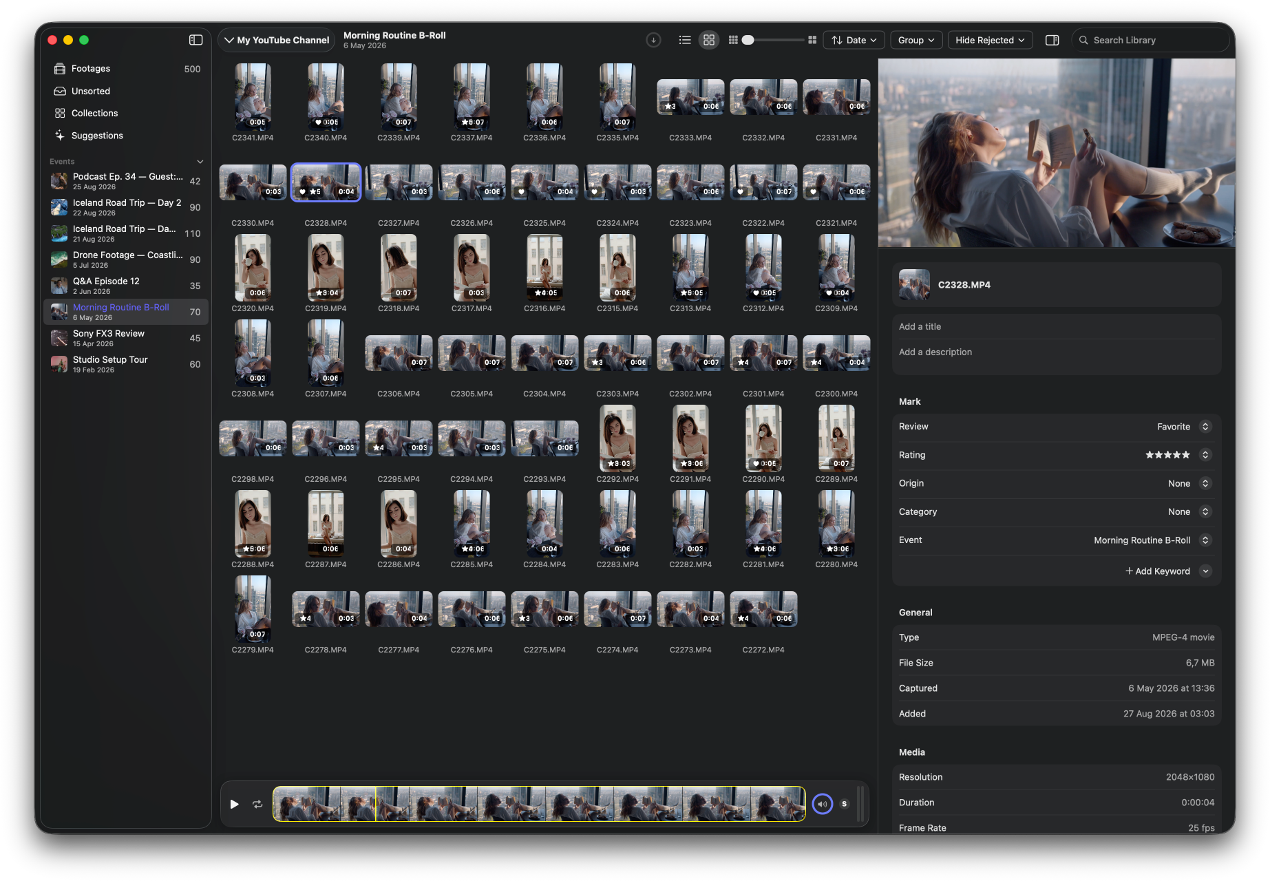 Footages library window with a thumbnail grid, event sidebar and inspector